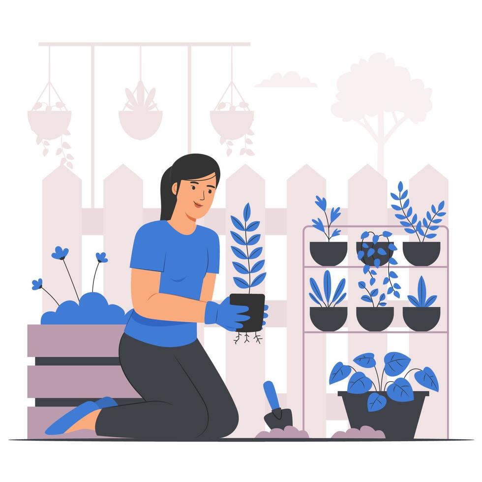 kvinnlig trädgårdsmästare som tar hand om växter vektor