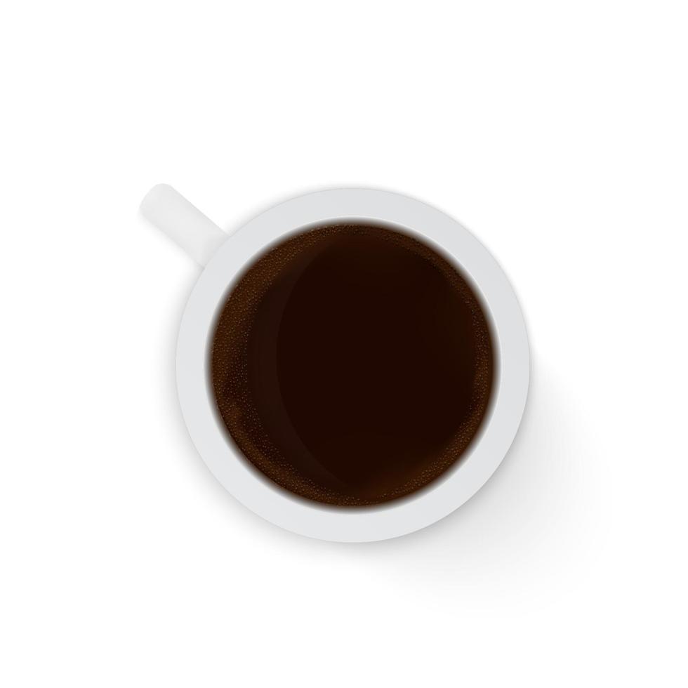 ovanifrån realistisk kopp kaffe espresso isolerad på vit bakgrund. morgon och frukost vektorillustration. kaffepaus koncept. mall för platt lay. vektor