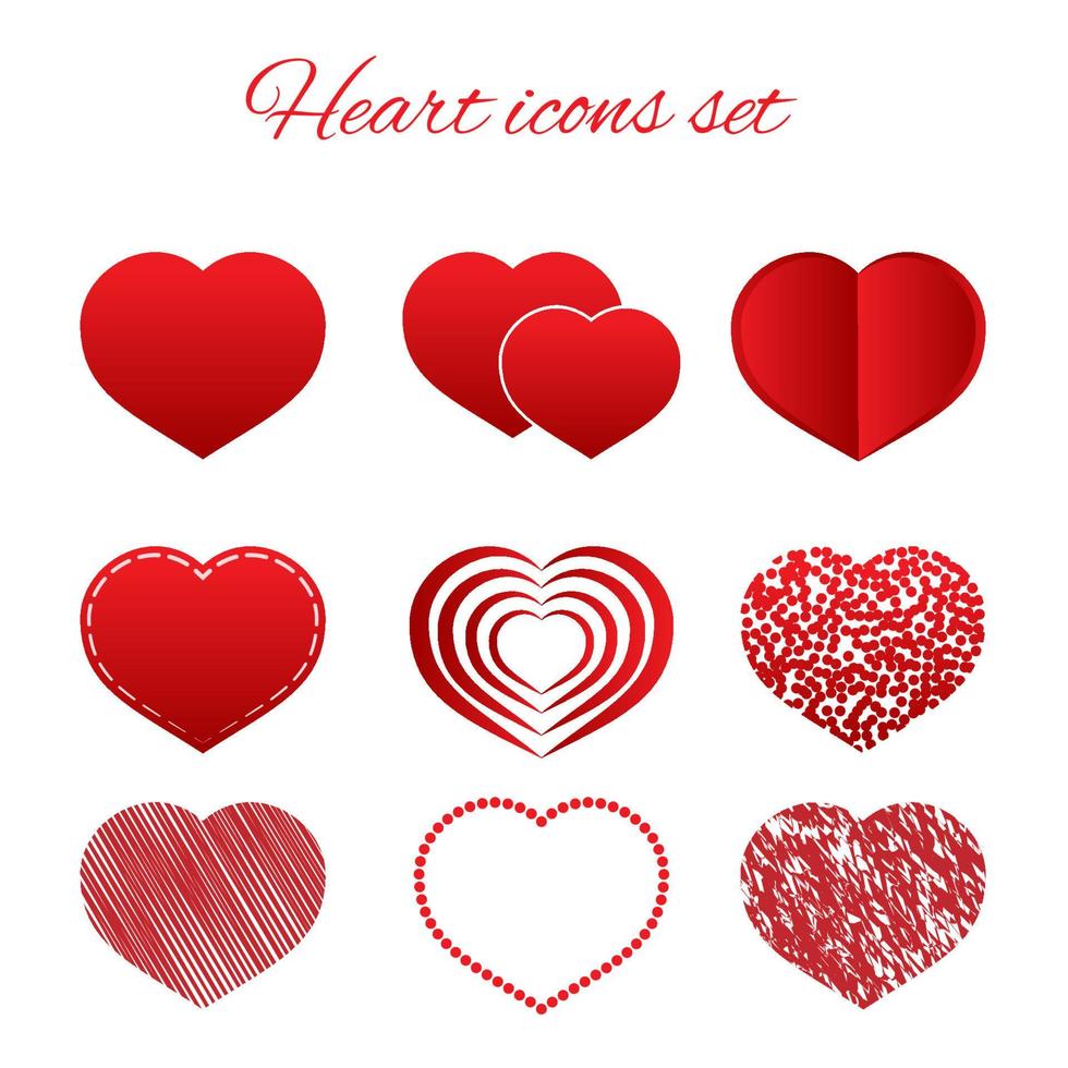 Satz von neun roten Herzen flach Symbol auf weißem Hintergrund. Valentinstag Vektor-Sammlung. Liebesgeschichte-Symbol. Gesundheit medizinisches Thema. einfach zu bearbeitende Designvorlage. vektor