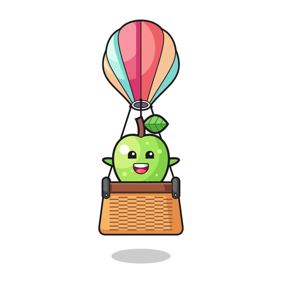 grönt äpple maskot rider en luftballong vektor