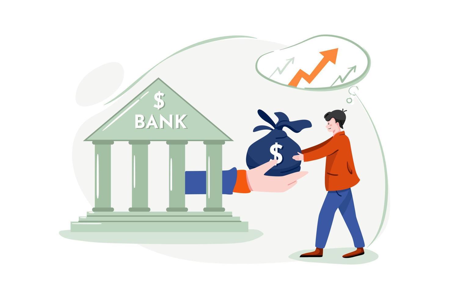 banken ger ett lån till en affärsman för affärsutveckling illustration koncept. platt illustration isolerad på vit bakgrund. vektor