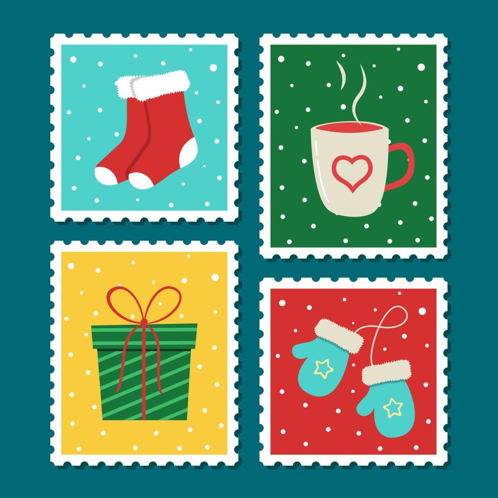 Weihnachtsbriefmarken-Set. Vektorkarikaturillustration in der Poststempelschablone. Winterthemenkollektion. Weihnachtssocken, Fäustlinge, Geschenkbox, heißer Kakao vektor