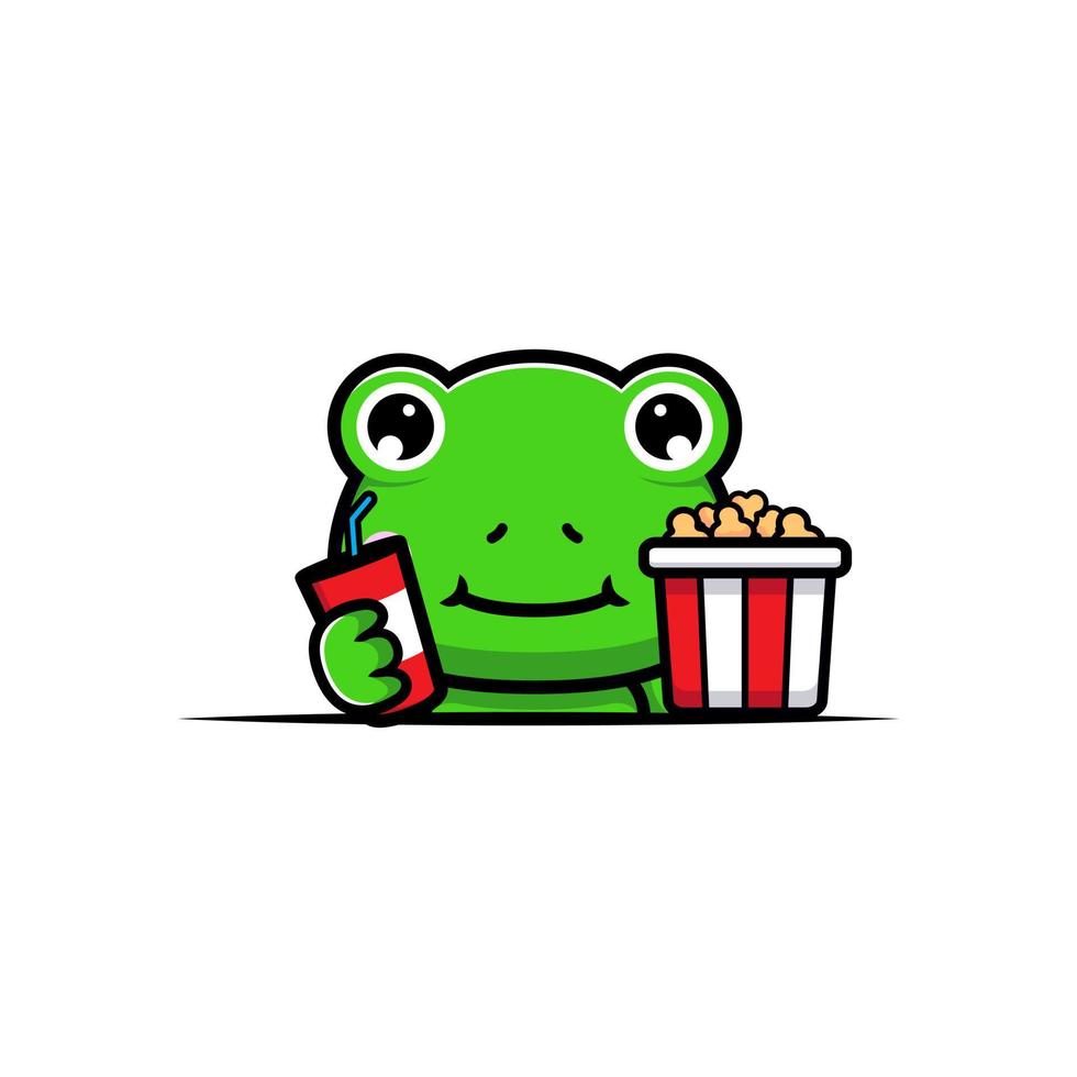 Design von süßem Frosch mit Popcorn und Getränk vektor