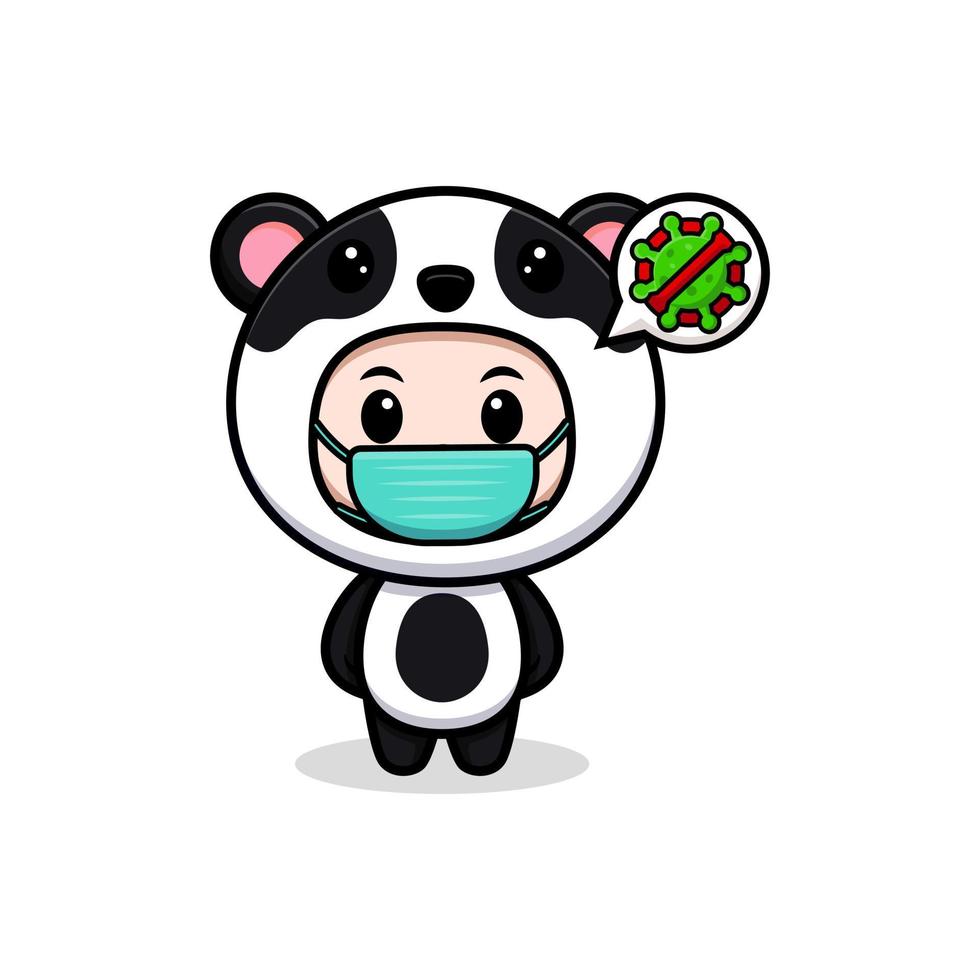 süßer Junge mit Panda-Kostüm. Tierkostüm-Charakter-Cartoon-Illustration für Aufkleber, Poster, Animationen, Kinderbücher oder andere digitale und gedruckte Produkte vektor