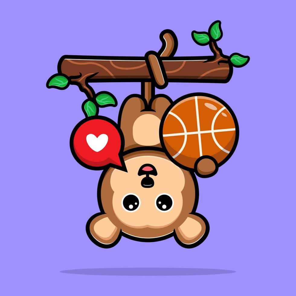 süßer Affe, der am Baum hängt und Basketball-Karikatur-Maskottchen spielt vektor
