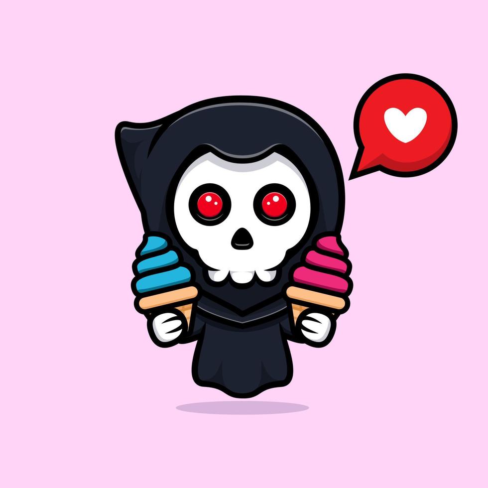 grim reaper älskar glass. söt maskot illustration vektor