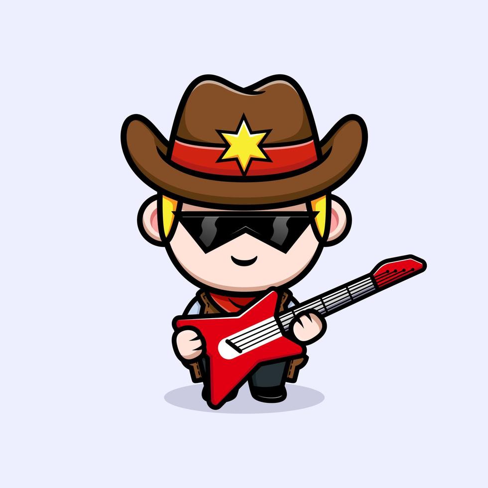 süßer kleiner Cowboy mit Gitarren-Maskottchen-Illustration vektor