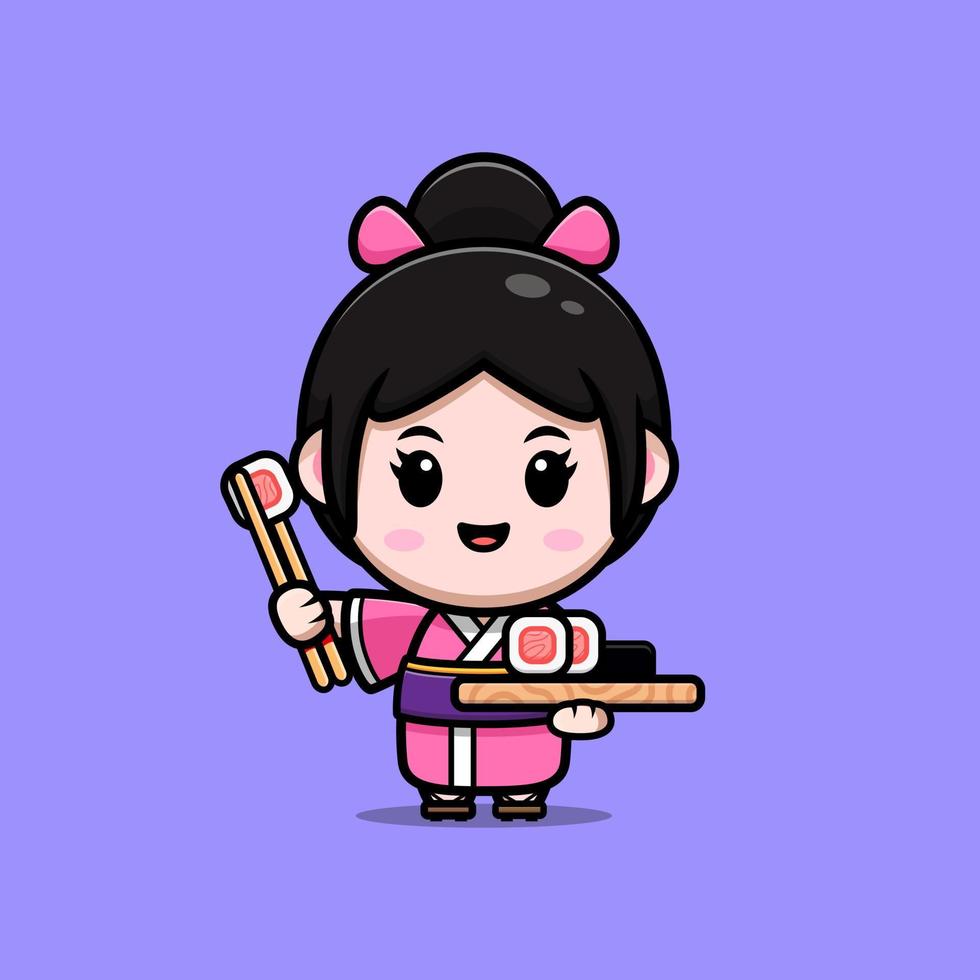 süßes Mädchen mit Kimono-Maskottchen-Cartoon-Symbol. Kawaii-Maskottchen-Charakterillustration für Aufkleber, Poster, Animationen, Kinderbücher oder andere digitale und gedruckte Produkte vektor
