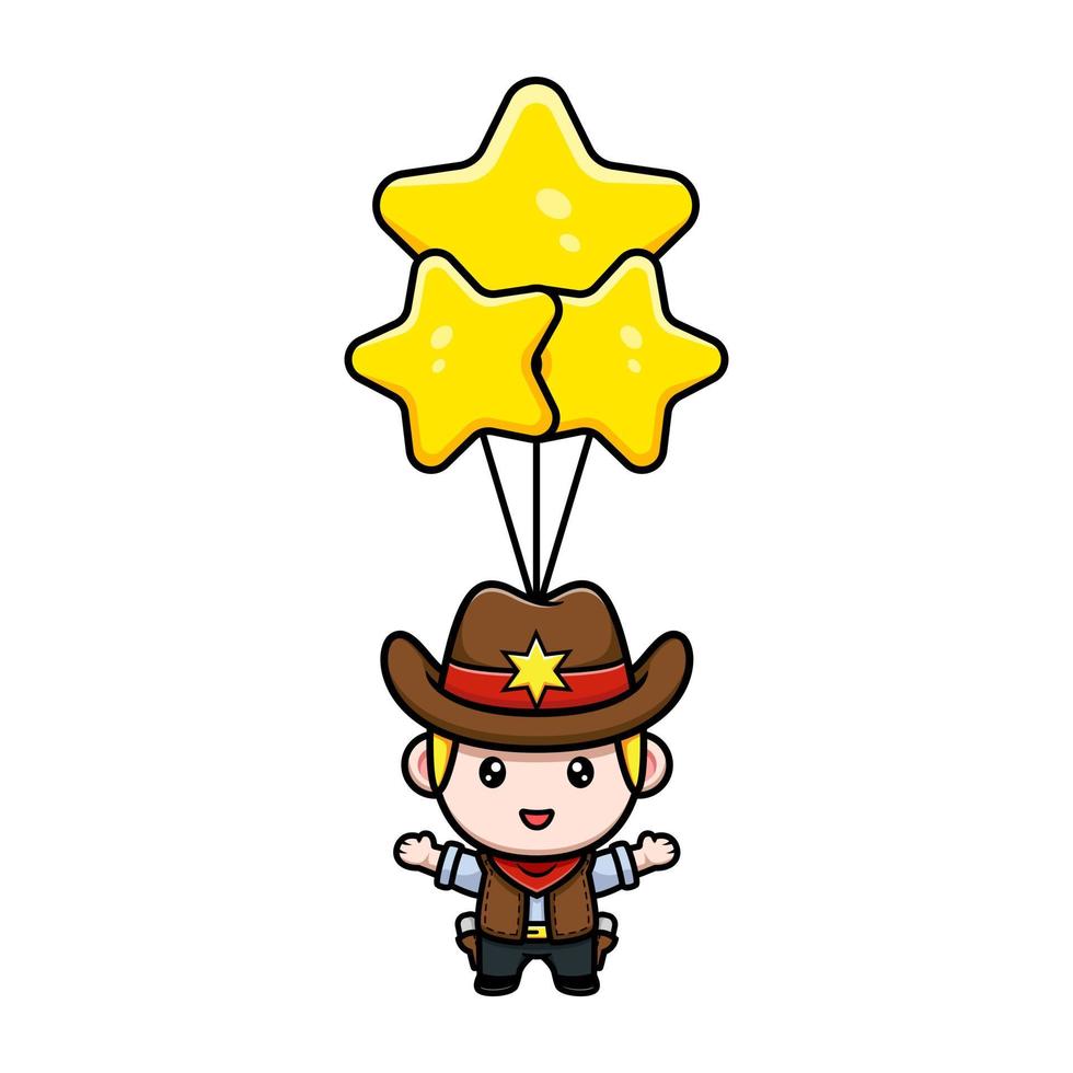 söt liten cowboy flytande med stjärna ballong maskot illustration vektor