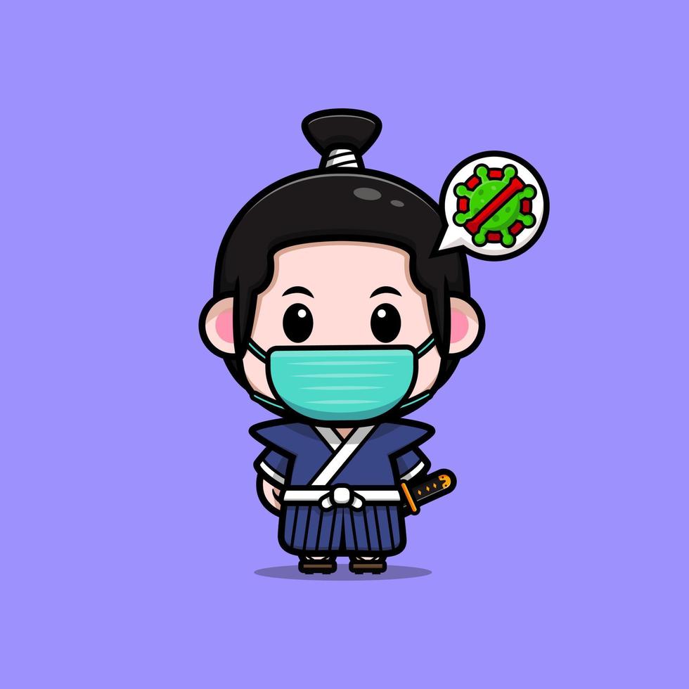 süße Samurai-Junge-Maskottchen-Cartoon-Symbol. Kawaii-Maskottchen-Charakterillustration für Aufkleber, Poster, Animationen, Kinderbücher oder andere digitale und gedruckte Produkte vektor