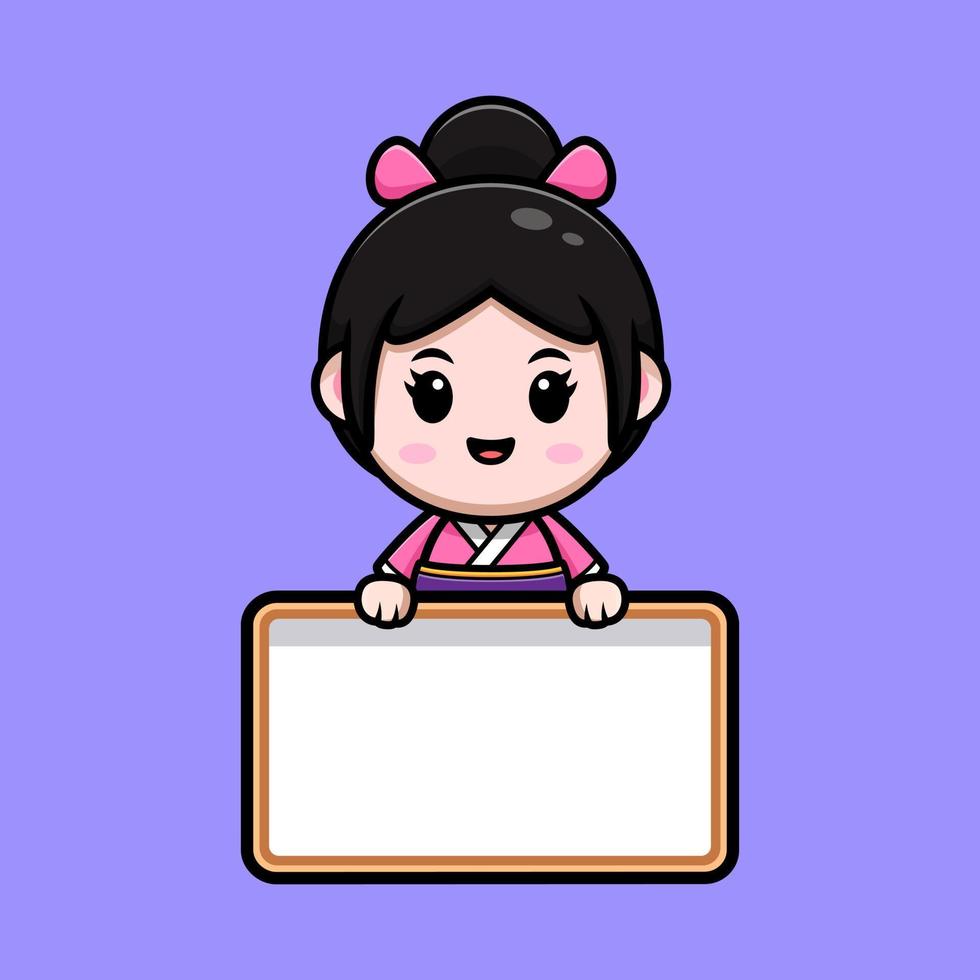 söt flicka bär kimono maskot tecknad ikon. kawaii maskot karaktärsillustration för klistermärke, affisch, animation, barnbok eller annan digital och tryckt produkt vektor
