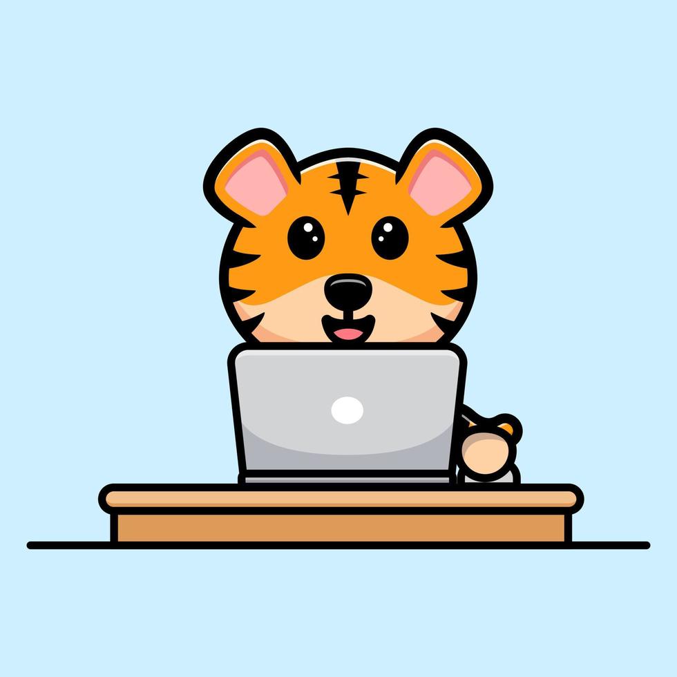 süßer Tiger, der an einem Laptop-Cartoon-Maskottchen arbeitet vektor