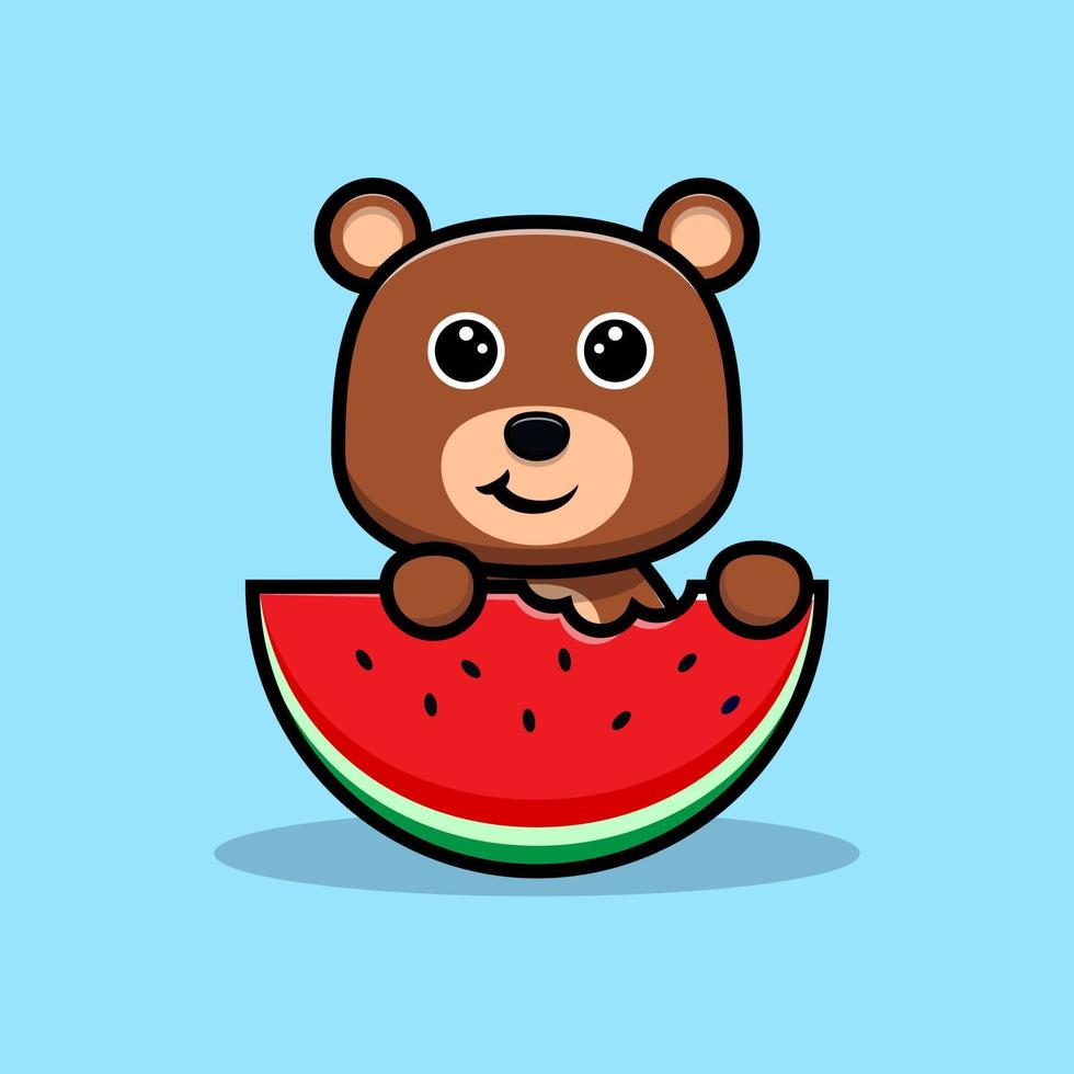 söt björn äter vattenmelon seriefigur vektor
