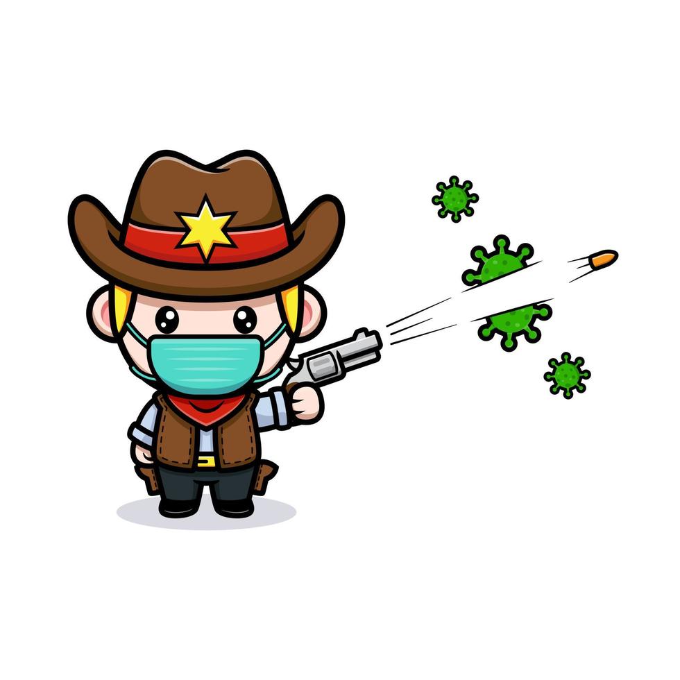 süßer kleiner Cowboy erschießt die Virus-Maskottchen-Illustration vektor