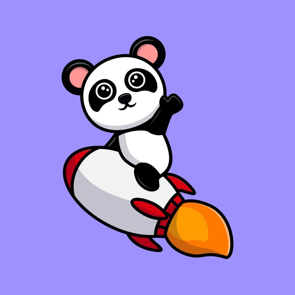 süßer Panda, der auf Rakete sitzt und Handkarikaturmaskottchen winkt vektor