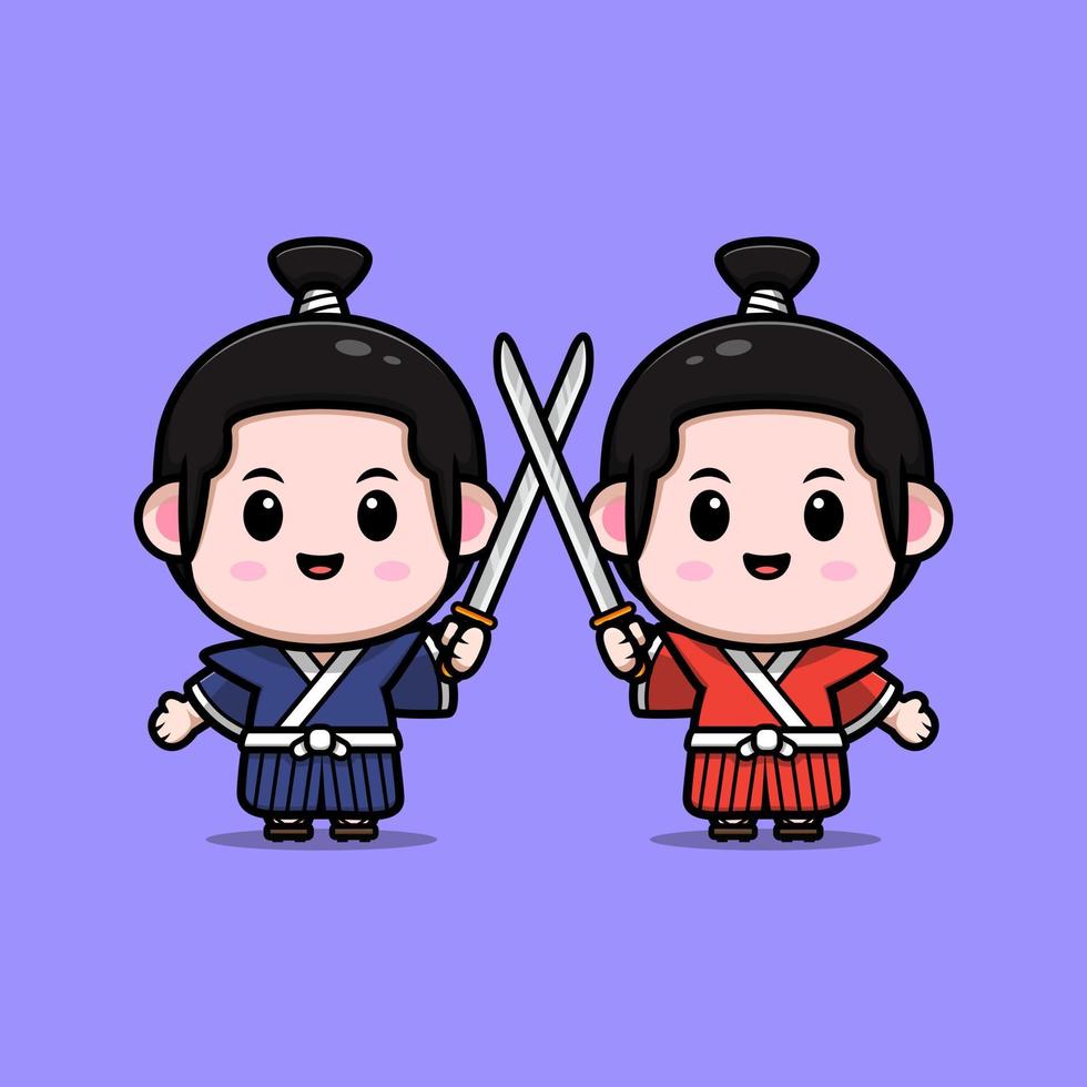 süße Samurai-Junge-Maskottchen-Cartoon-Symbol. Kawaii-Maskottchen-Charakterillustration für Aufkleber, Poster, Animationen, Kinderbücher oder andere digitale und gedruckte Produkte vektor