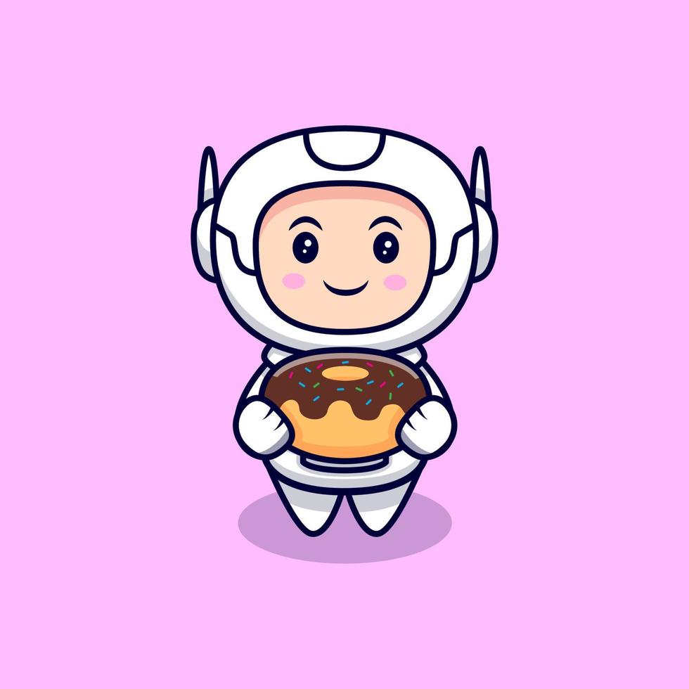 Süßer Astronaut, der eine Donut-Cartoon-Vektor-Icon-Illustration hält. flacher Cartoon-Stil vektor