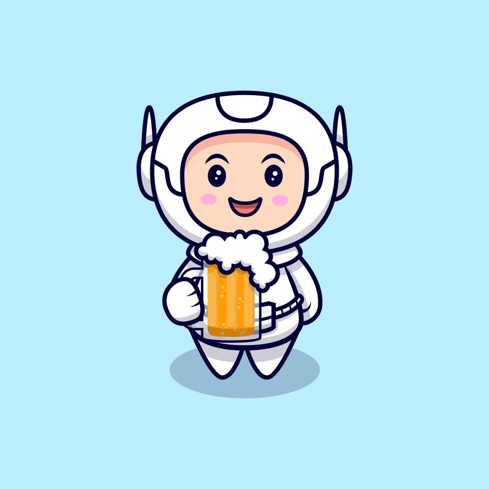 Süßer Astronaut, der Bier-Cartoon-Vektor-Icon-Illustration trinkt. flacher Cartoon-Stil vektor