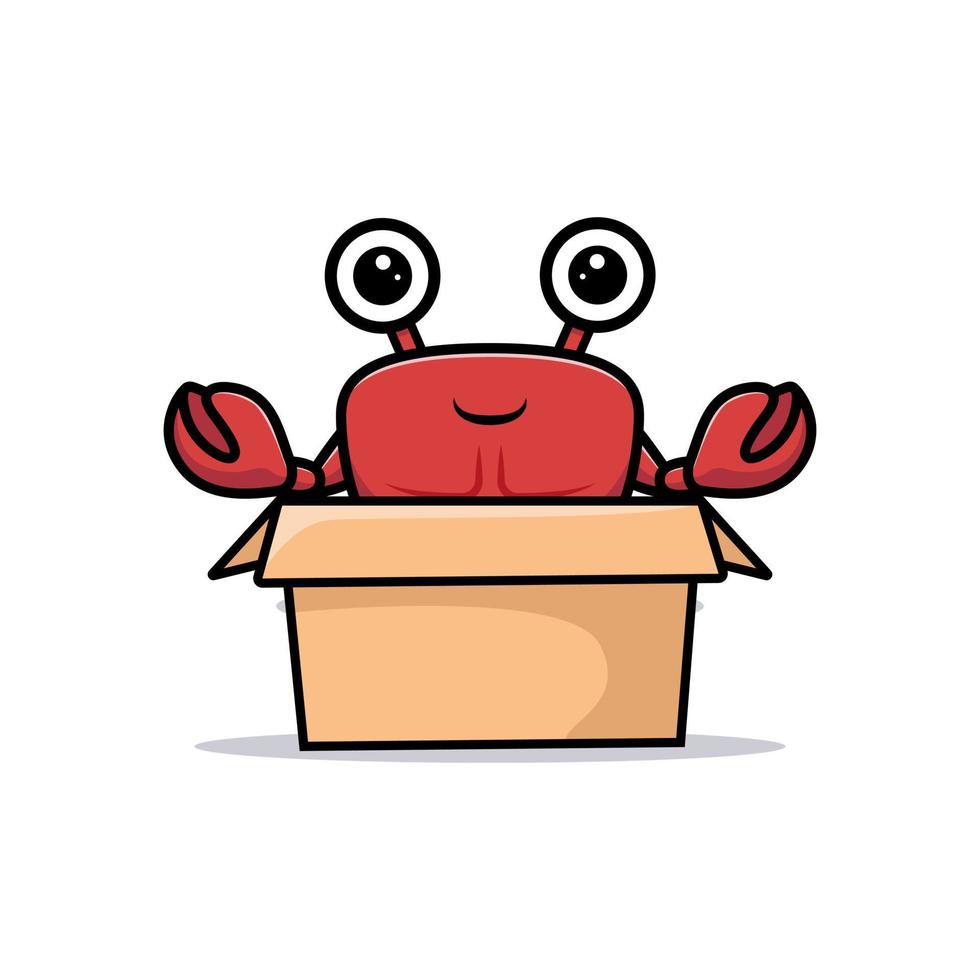 süße Krabbenfigur in Karton und winkender Hand vektor
