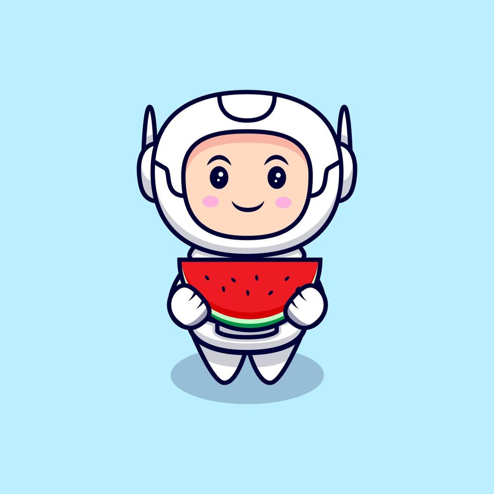 söt astronaut äter vattenmelon tecknad vektor ikonillustration. platt tecknad stil