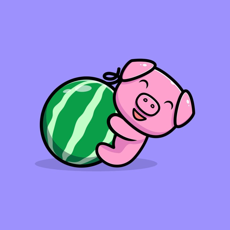 Süßes Schwein umarmt Wassermelonen-Maskottchen-Charakter. Tiersymbolillustration vektor