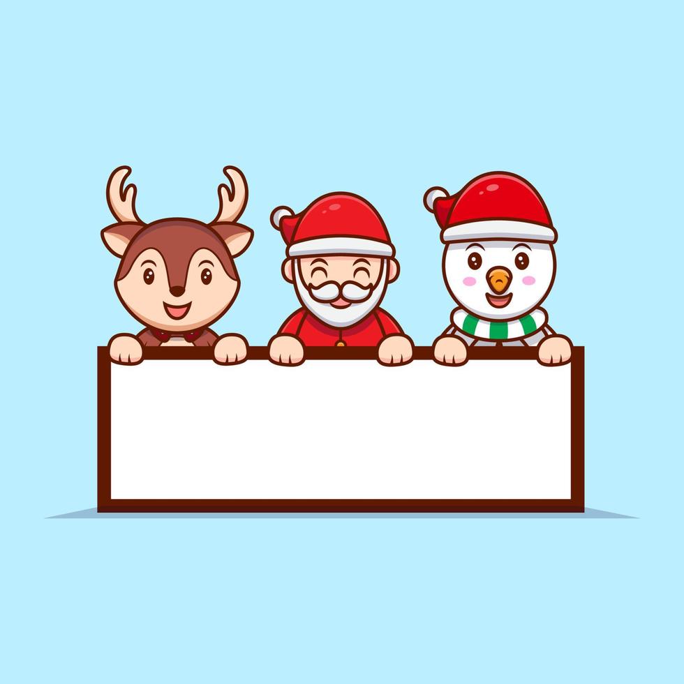 Weihnachtsmann, Schneemann und Rentiere, die eine leere Texttafel-Maskottchen-Cartoon-Vektorillustration halten. vektor