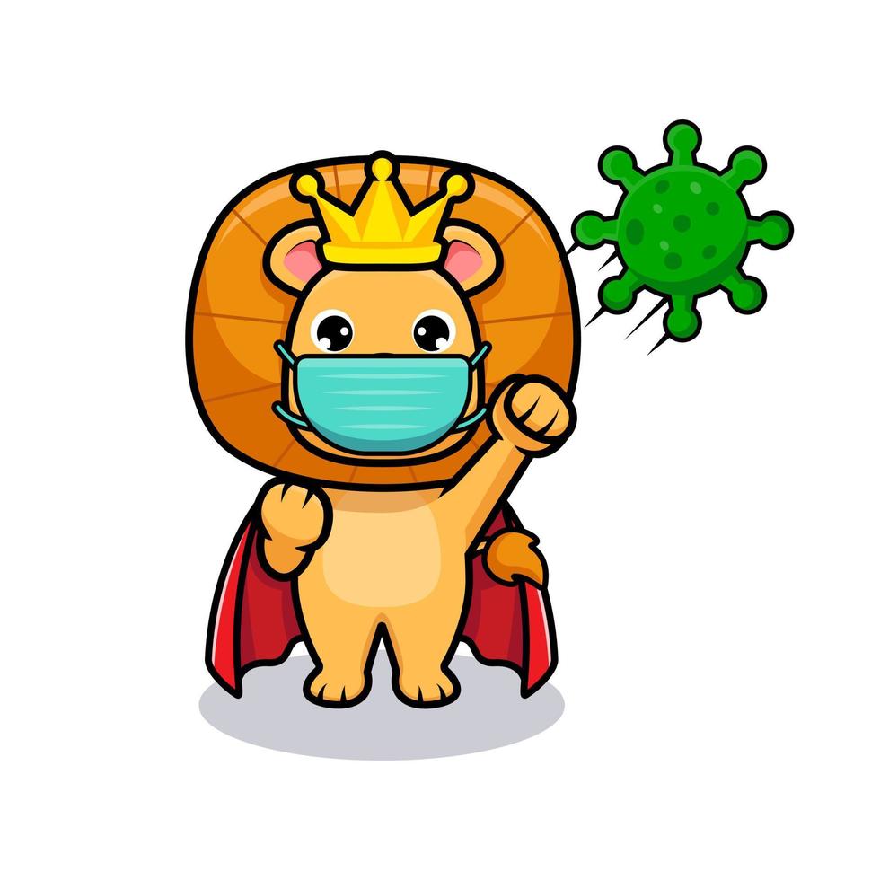 söt lejonkungen bär mask och slåss med virus design ikon illustration vektor
