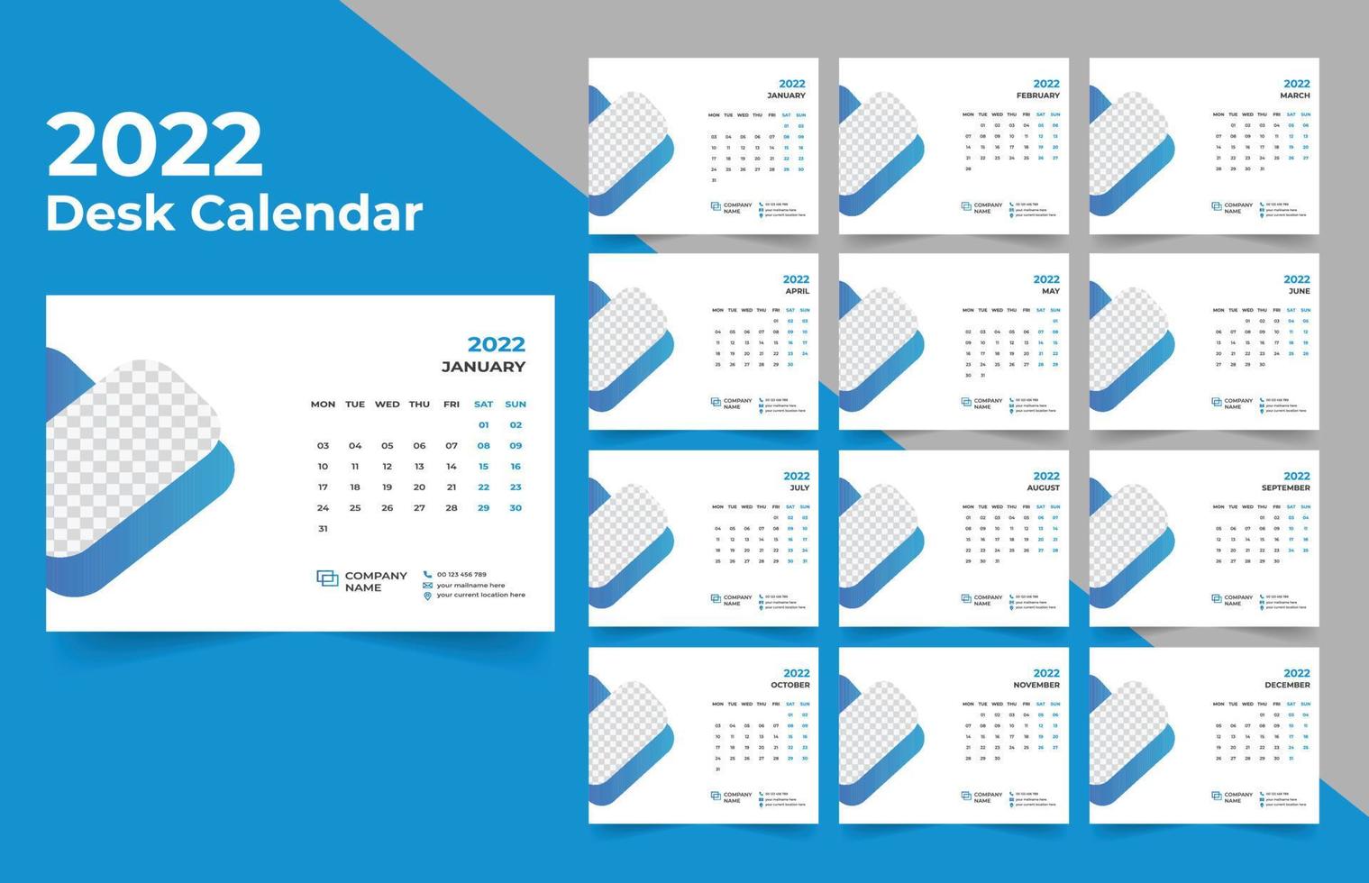 2022 Tischkalenderplaner .week beginnt am Montag. Vorlage für den Jahreskalender 2022 . vektor