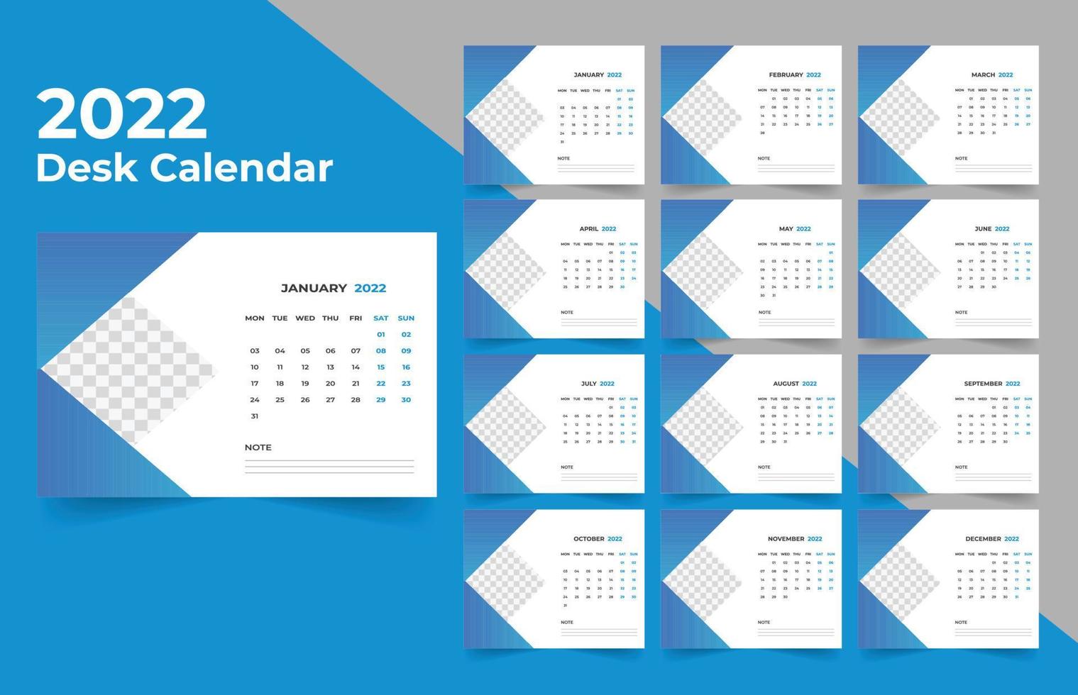 Tischkalender Design 2022. Woche beginnt am Montag. Vorlage für den Jahreskalender 2022 vektor