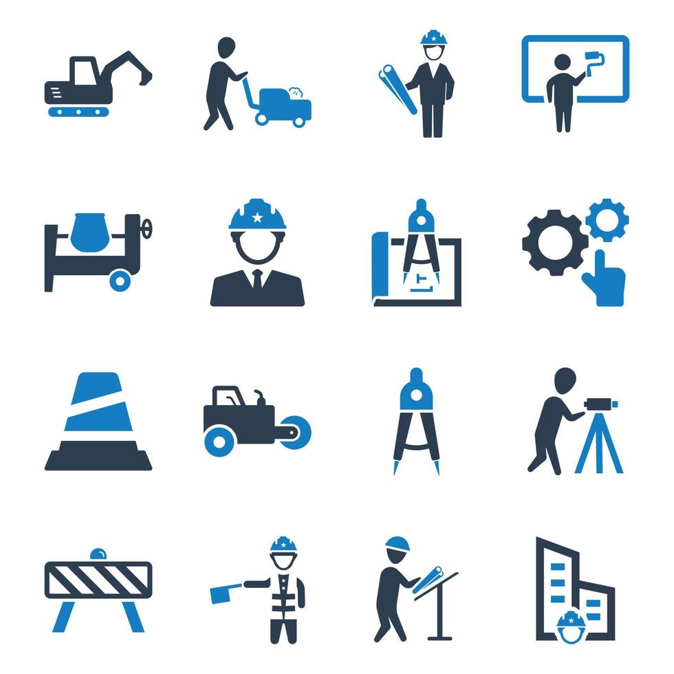 Bauarbeiter und Bauarbeiter Icons Set blaue Serie vektor
