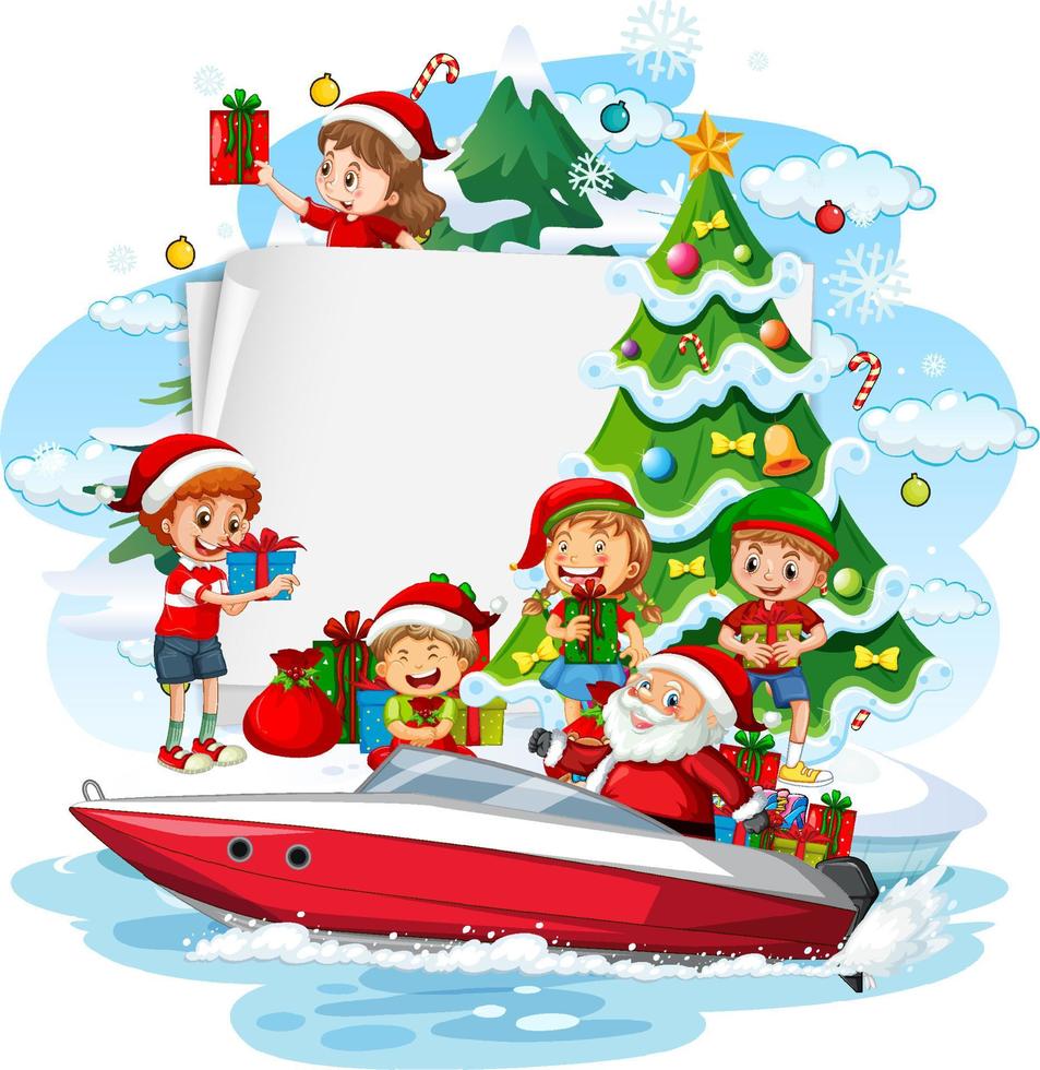 tom banderoll med jultomten som levererar presenter vid en båt vektor