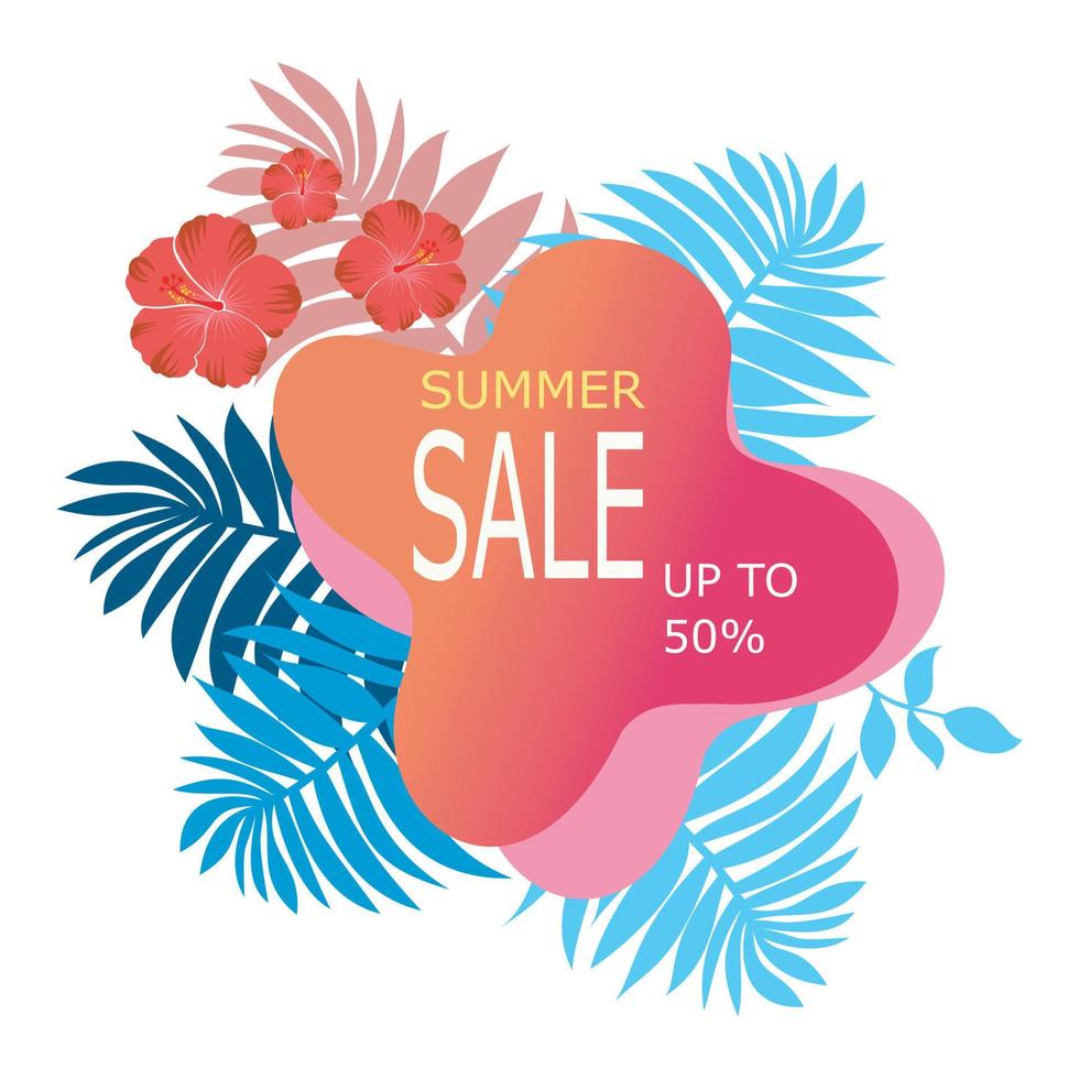 sommar rea banner mall. sommar abstrakt bakgrund med palmblad och hibiskus flower.tropical backdrop.promo märke för din säsongsbetonade design. vektor