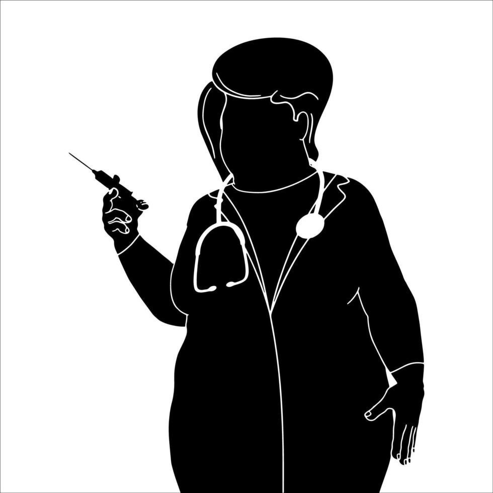 läkare med med vaccin injektion karaktär siluett illustration på vit bakgrund. vektor