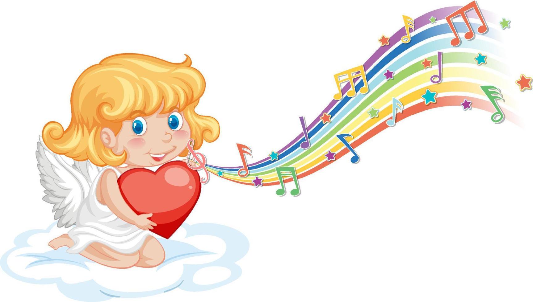 Amor-Engel-Charakter mit Melodiesymbolen auf Regenbogen vektor