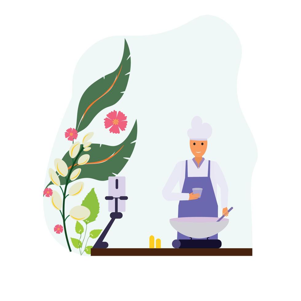 vektor illustration av en kock matlagning, zoom aktivitet på en blommig bakgrund. en kock som bär matlagningshatt gör en videoblogg på sin telefon.