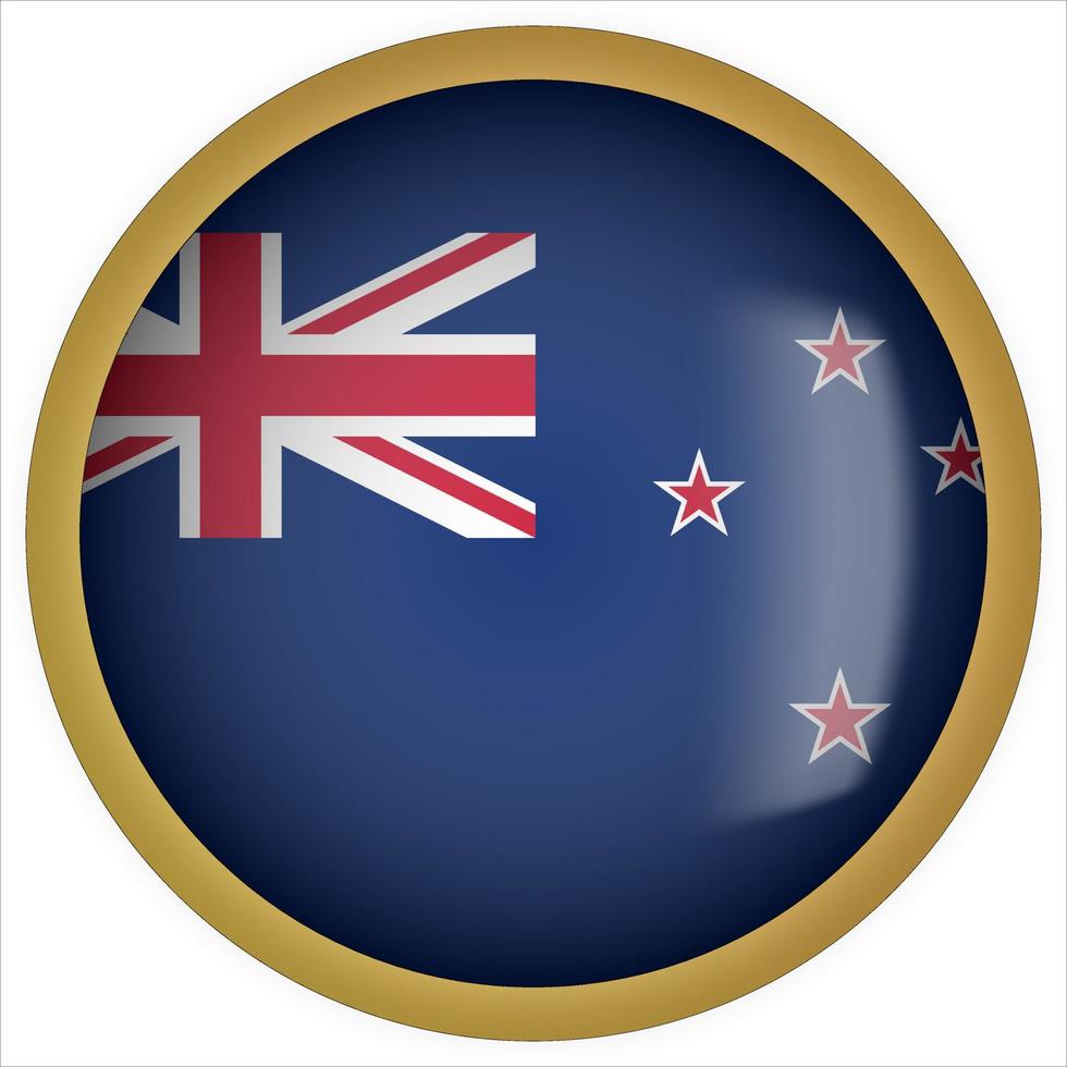 Nya Zeeland 3d rundad flagga knappikon med guldram vektor