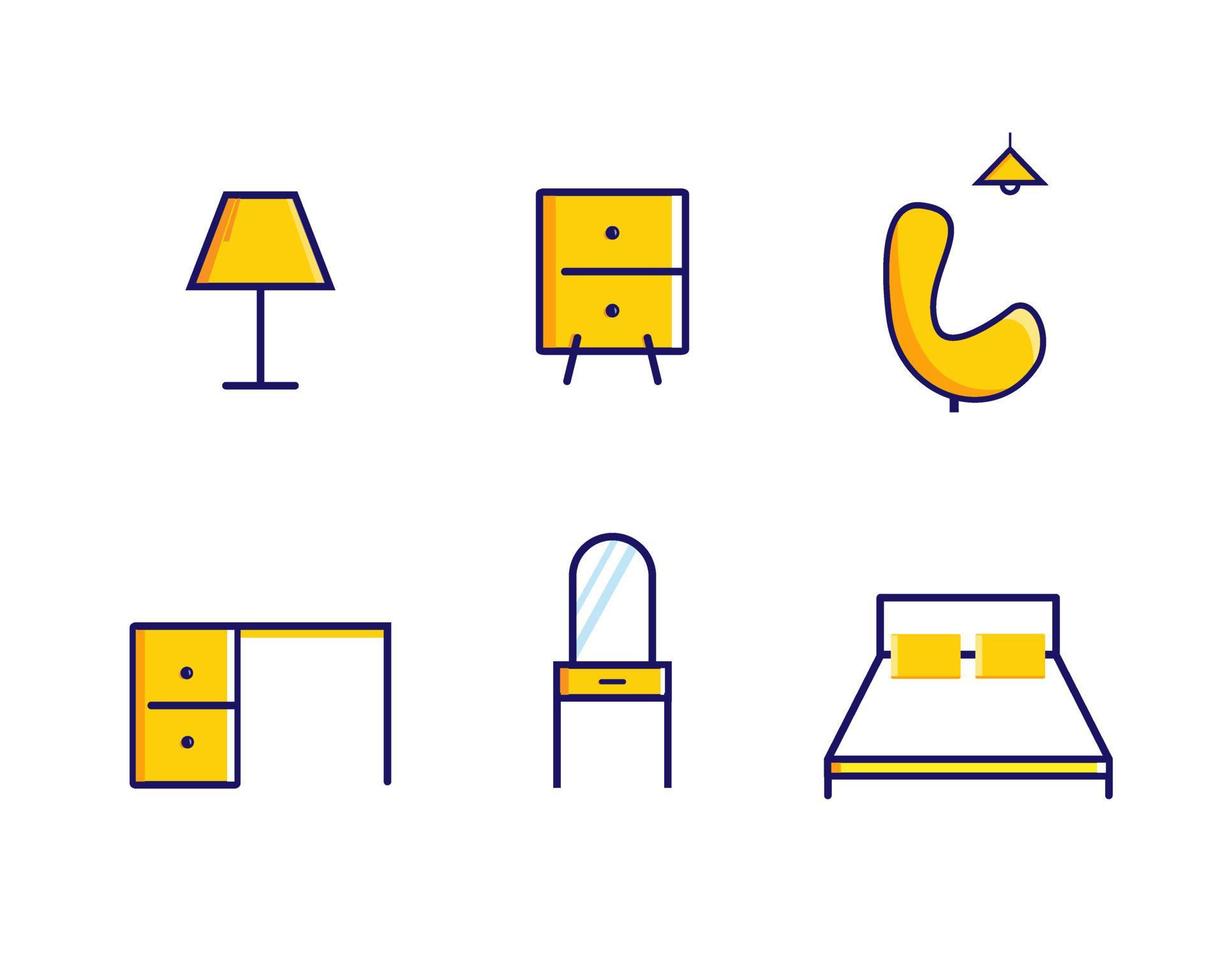 moderna möbler ikonuppsättning logotyp, med ett ljust och glada koncept. enkel och unik logotyp för företagets varumärke och grafisk design. stol, bord, skåp, lampikon. vektor illustration