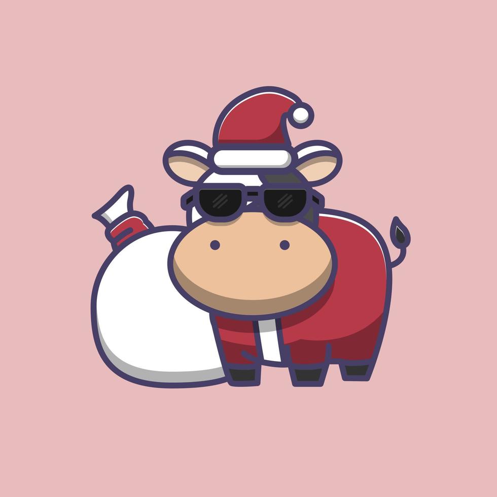 süße Kuh-Illustration mit Weihnachtsmann-Kostüm und Sonnenbrille vektor