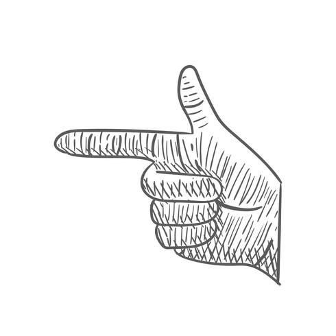 Hand pekande tecken som pistol hand ritning klotter utkläckning skiss vintage illustration ikon symbol vektor