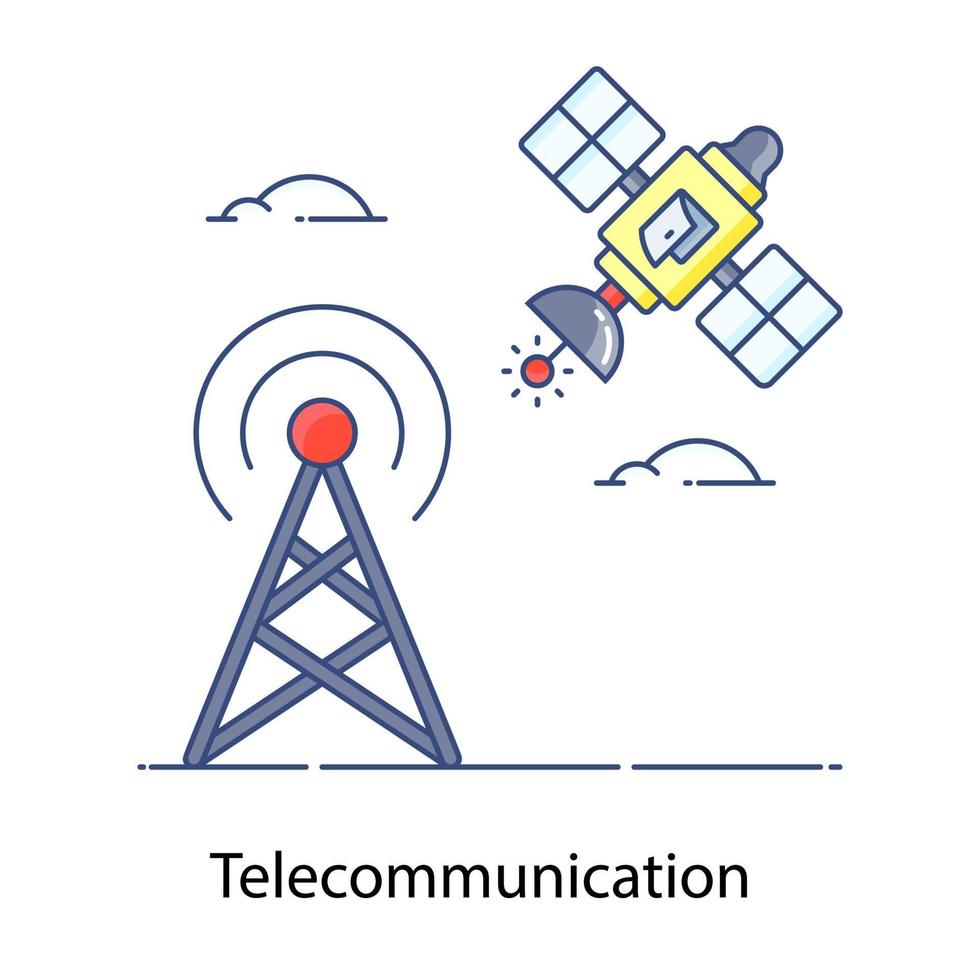 trendige Ikone des Telekommunikationsturms mit Satelliten vektor