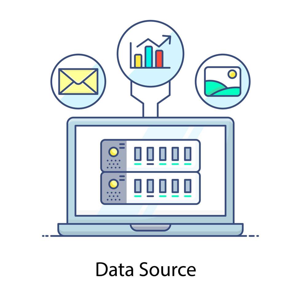 datakälla dataserver inuti laptop platt vektor