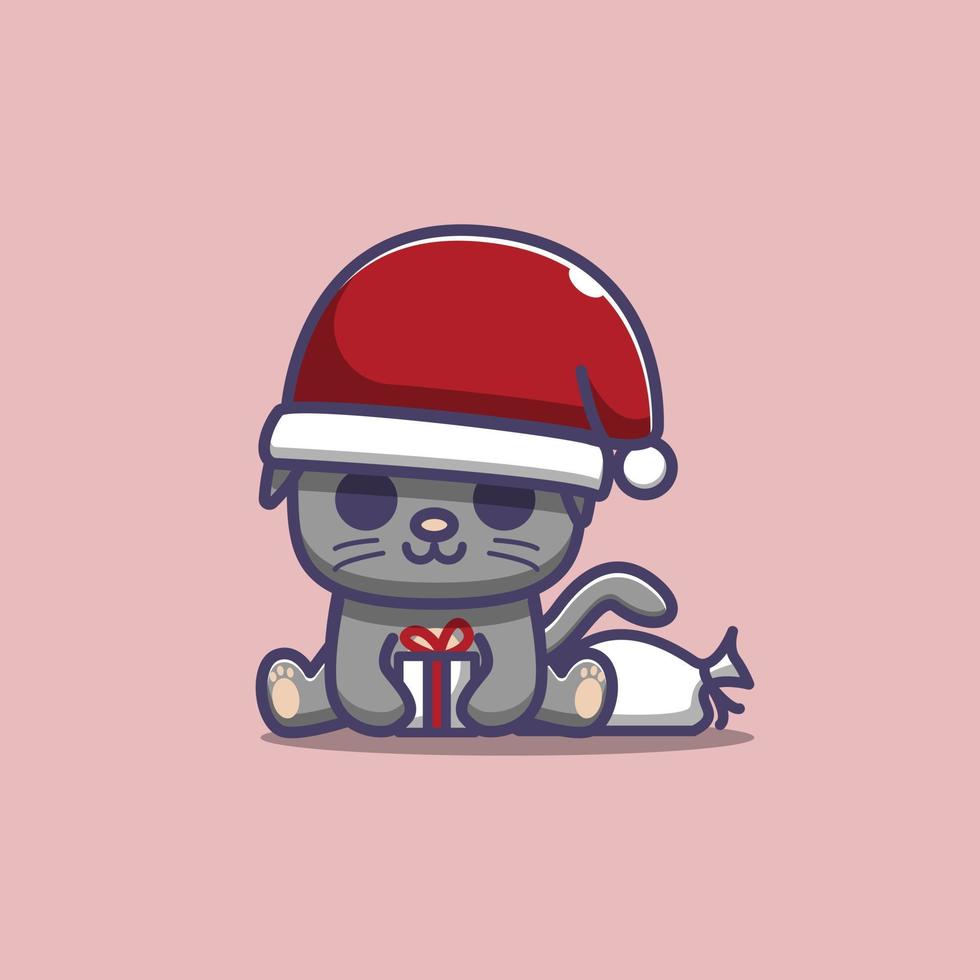 illustration av en söt katt som bär en tomtehatt och bär en julklapp vektor