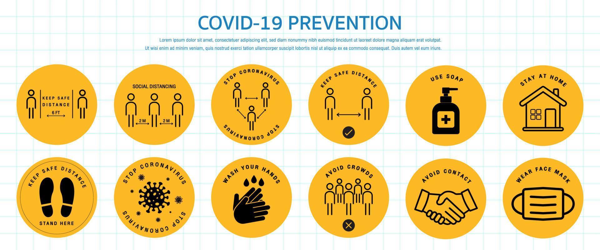 uppsättning av säkerhetsåtgärder för coronavirus covid-19 och förebyggande varningsskyltar. förebyggande tecken på coronavirus. grundläggande skyddsåtgärder mot det nya coronaviruset. vektor