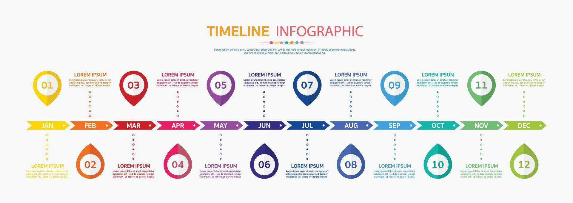 12 Monate oder 1 Jahr Zeitachsen-Infografik, Zeitachsen-Infografiken für Jahresbericht und Präsentation, Zeitachsen-Infografiken Designvektor und Präsentationsgeschäft. vektor