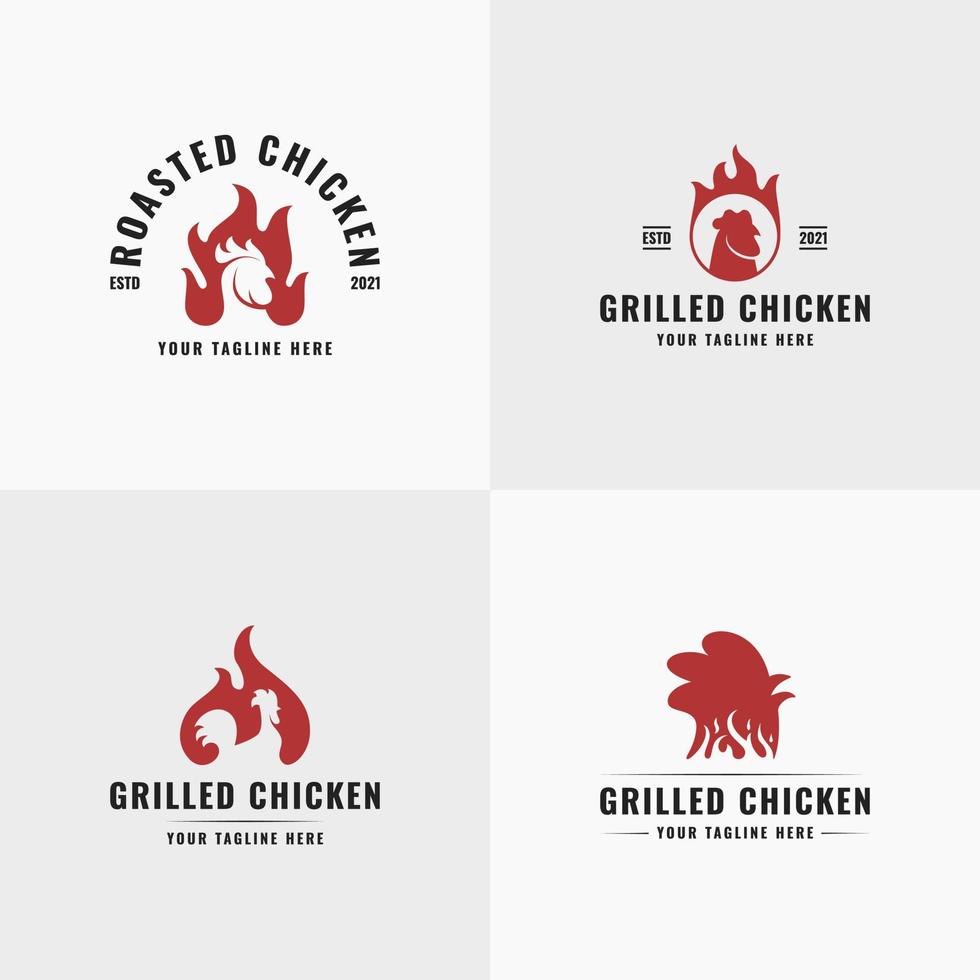 uppsättning vintage kyckling logotyp mall, broiler ikon etikett symbol element samling, kyckling och röd eld kombination, lämplig för matstånd, restaurang, matbutik, köttbutik, slaktare, etc vektor
