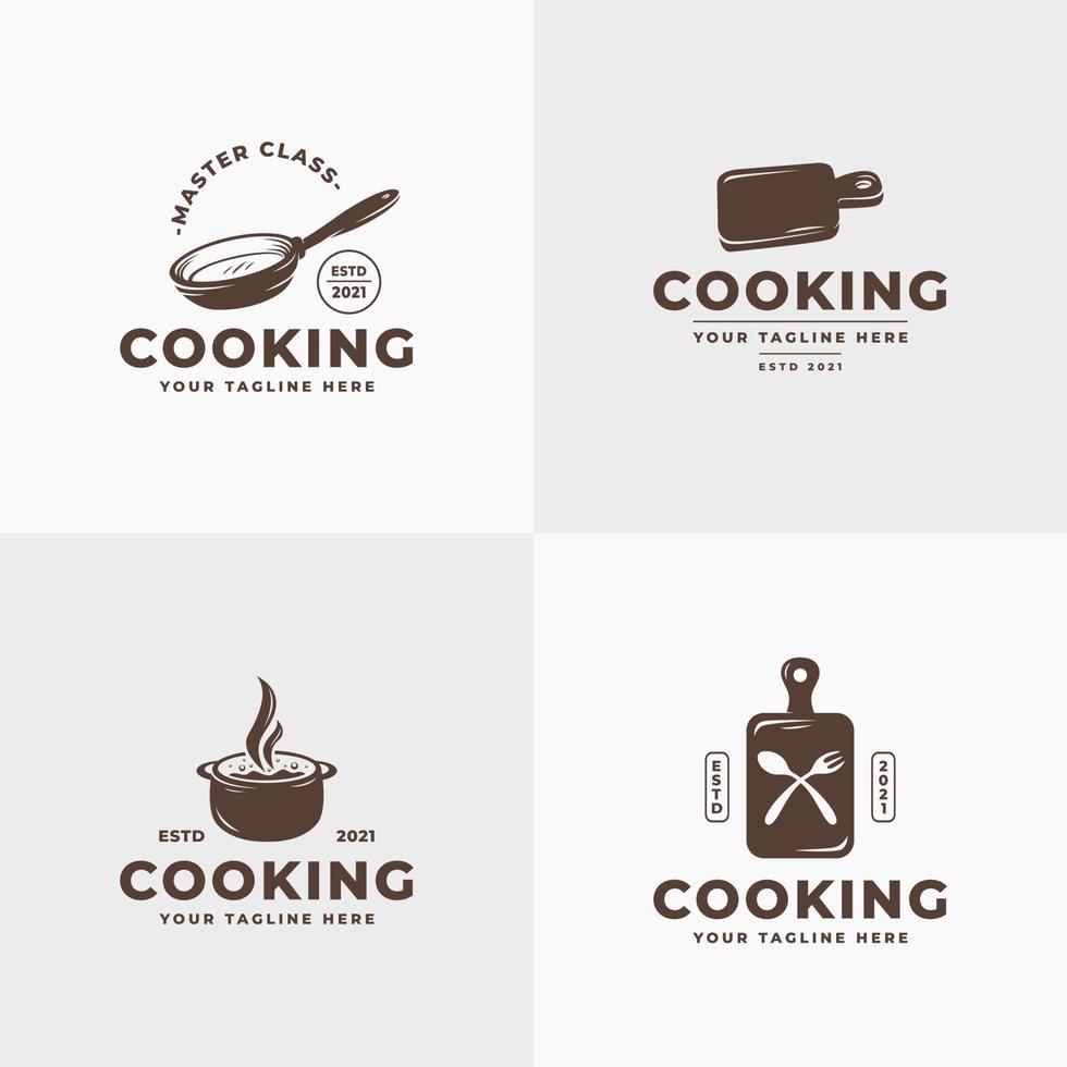 Set aus Kochkurs-Logo, Küchengeschirr-Symbol-Symbol-Label-Element-Sammlung mit minimalem Vintage-Silhouette-Stil, kann auch für Restaurant-Logo-Emblem, Restaurant, Ort, Gasthaus, Café, Bistro, Essensstände verwendet werden vektor