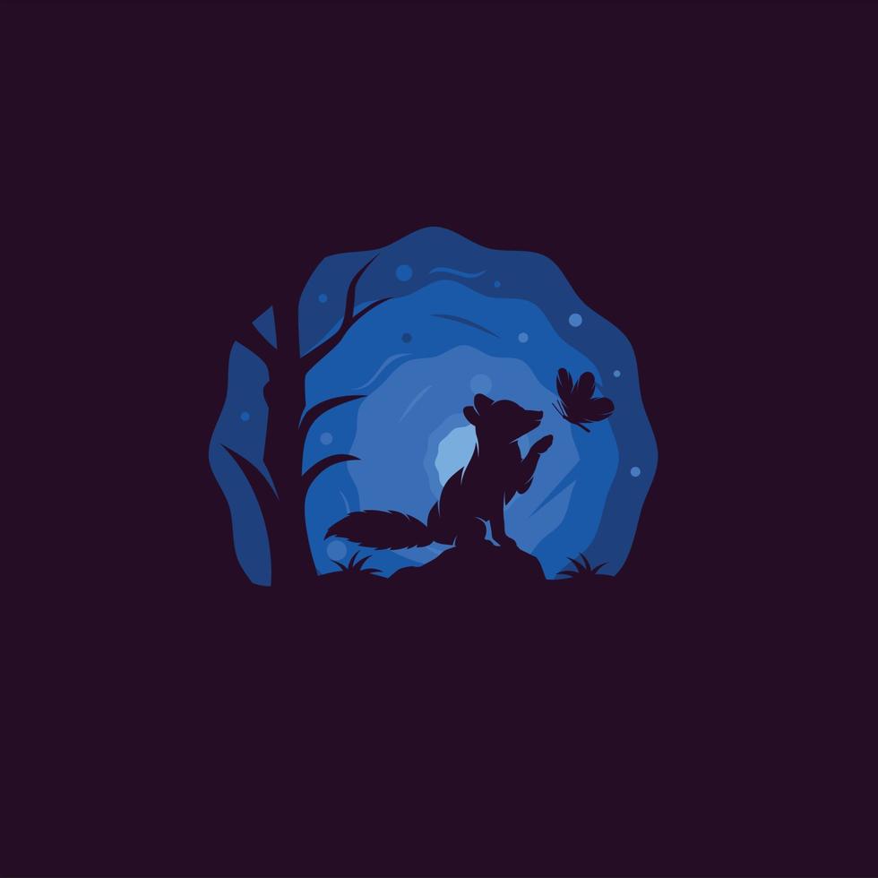 räv leker med fjärils siluett illustration står bredvid träd med blå måne bakgrund vektor