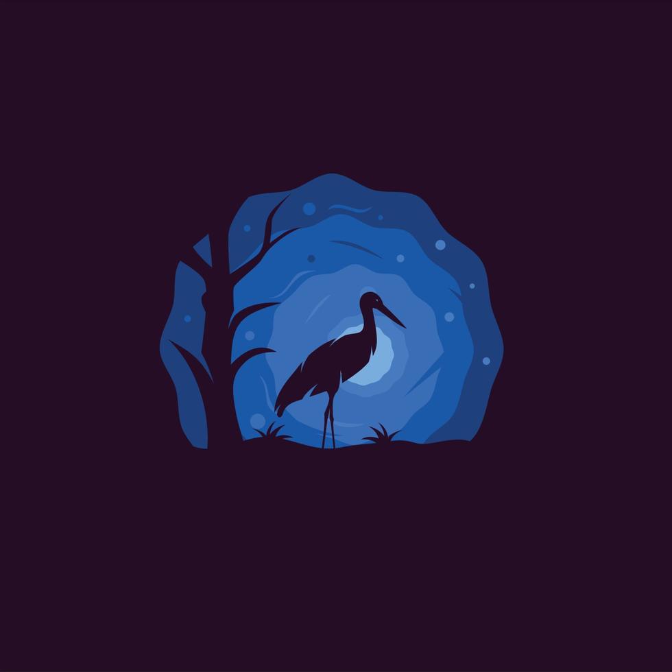 Flamingo-Silhouette-Illustration, die neben Baum mit blauem Mondhintergrund steht vektor