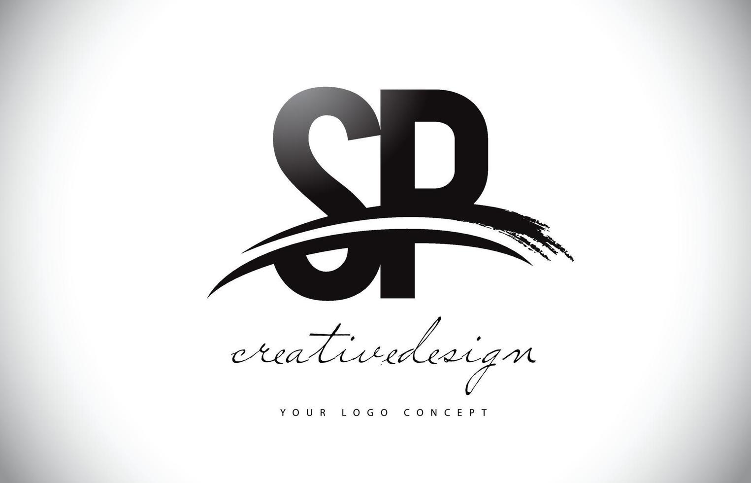 sp SP Brief Logo Design mit Swoosh und schwarzem Pinselstrich. vektor