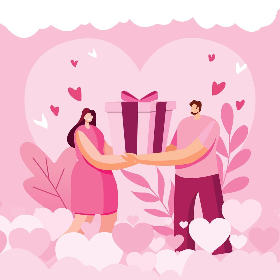 Valentinstaghintergrund mit flachem Design der Paare. Paar, das die Geschenkboxillustration hält. vektor